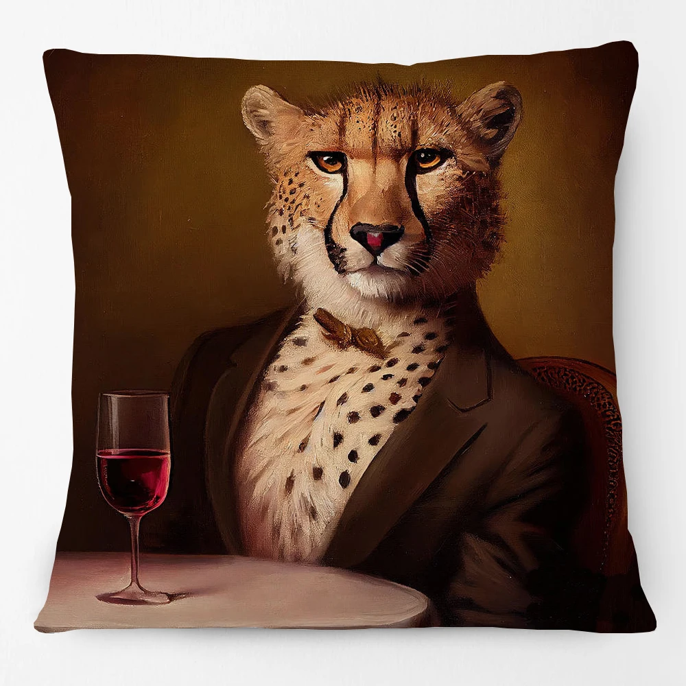 European Retro Animals Portraits Cushion Cover Cheetah Donkey Kangaroo Giraffe Mole Print Decor Pillow Case