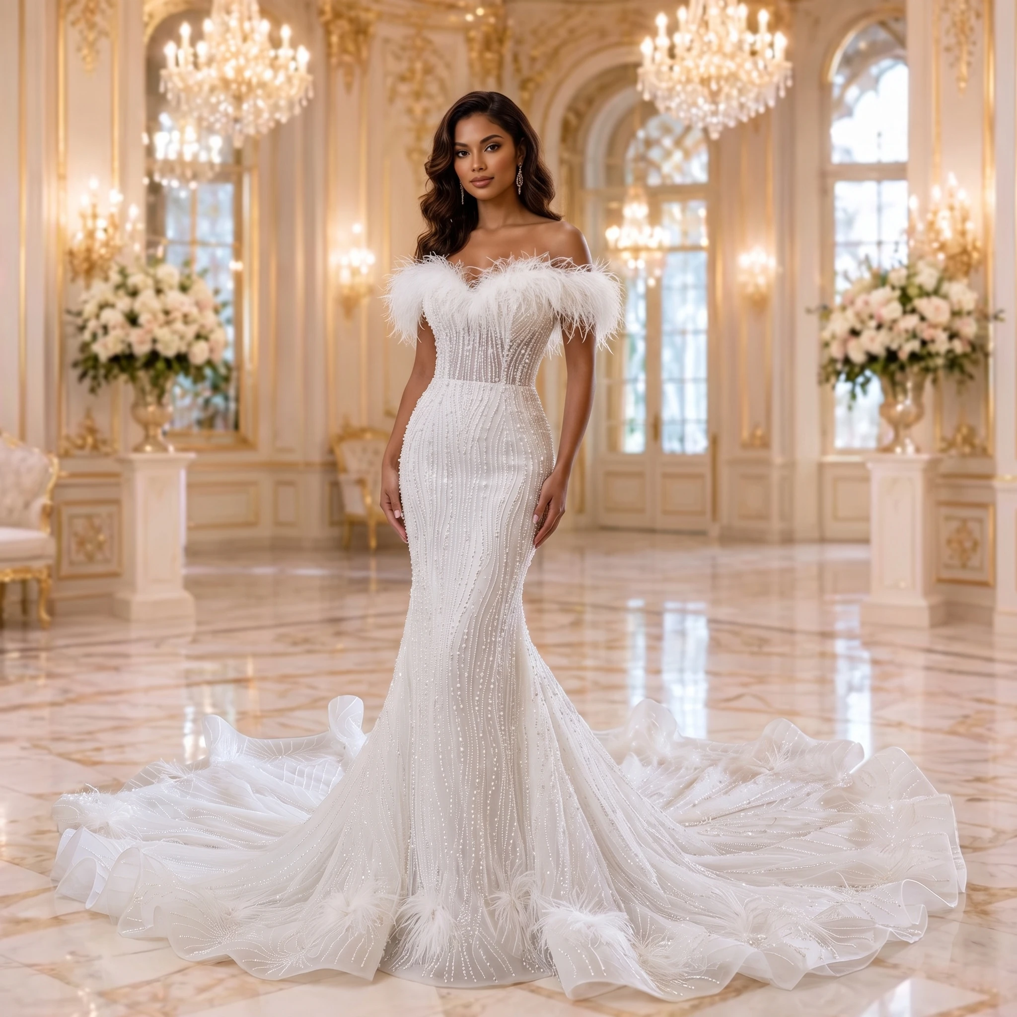 Romantic White Feather Mermaid Customized Wedding Dress Off Shoulder Beaded Pearls Court Train Ruffled Train свадебное платье