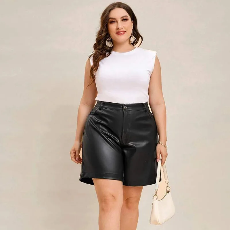 Plus Size Summer PU Leather Shorts Women Daily Casual Sexy Black Lager Size Faux Leather High Waisted Shorts Y2k Hot Short Pants