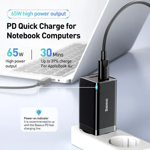 Зарядное Устройство Baseus 65W GaN USB-C Для Быстрой Зарядки iPhone 17/16/15/14/13 И Ноутбуков — Портативное, Для Путешествий — внешний вид товара