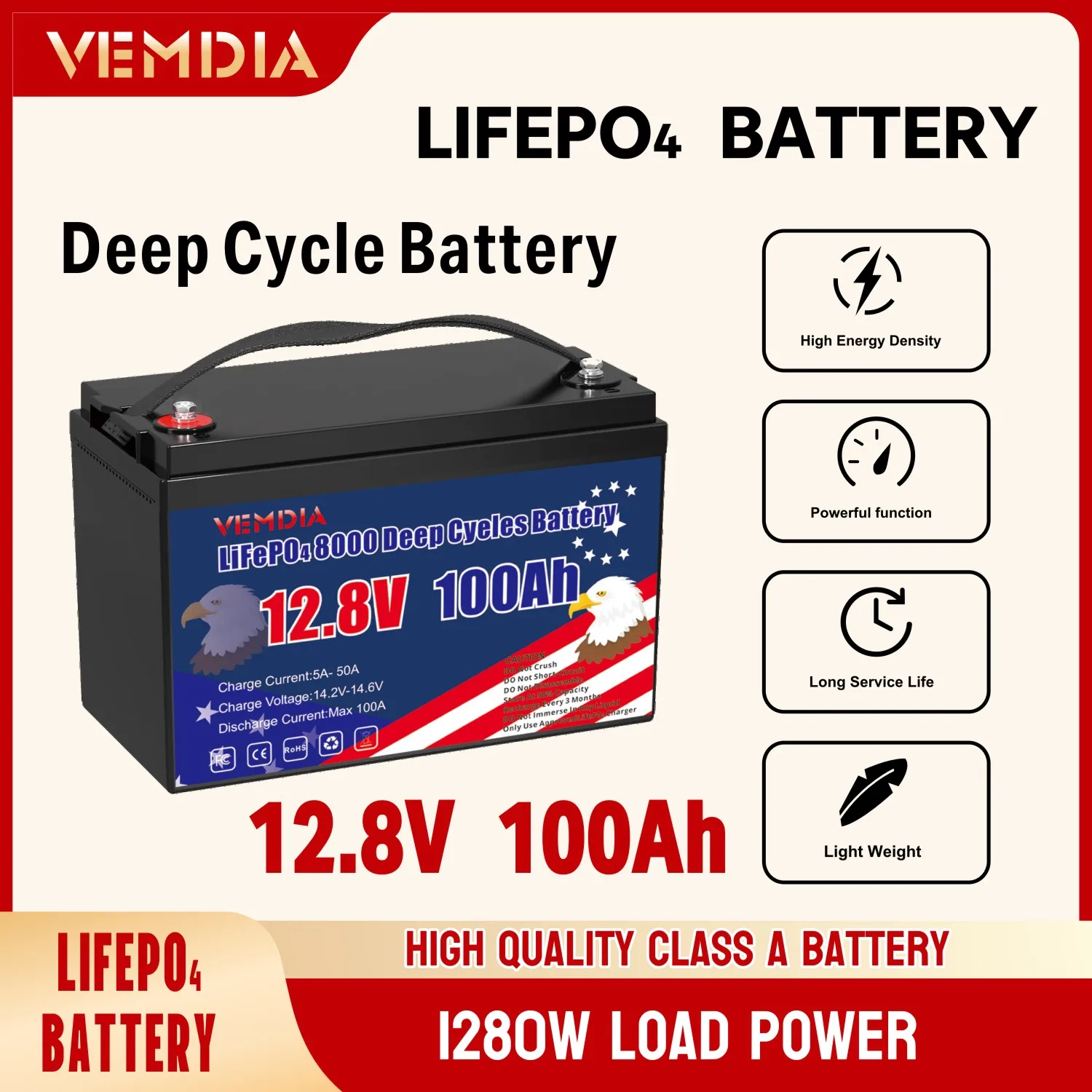 

VEMDIA Built in BMS 12V 100AH Lithium Iron Phosphate Battery for Outdoor and Home Use