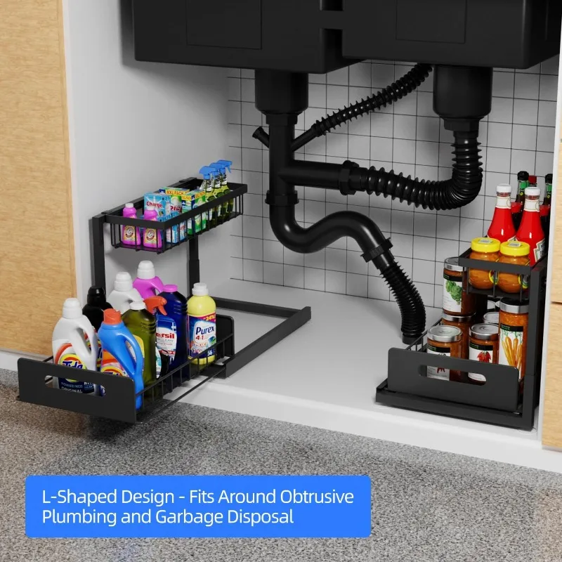 2-Tier Under Sink Slide Out Organizer, 2 Pack Pull Out Cabinet Storage Shelf with Sliding Storage Wire Basket Drawer for