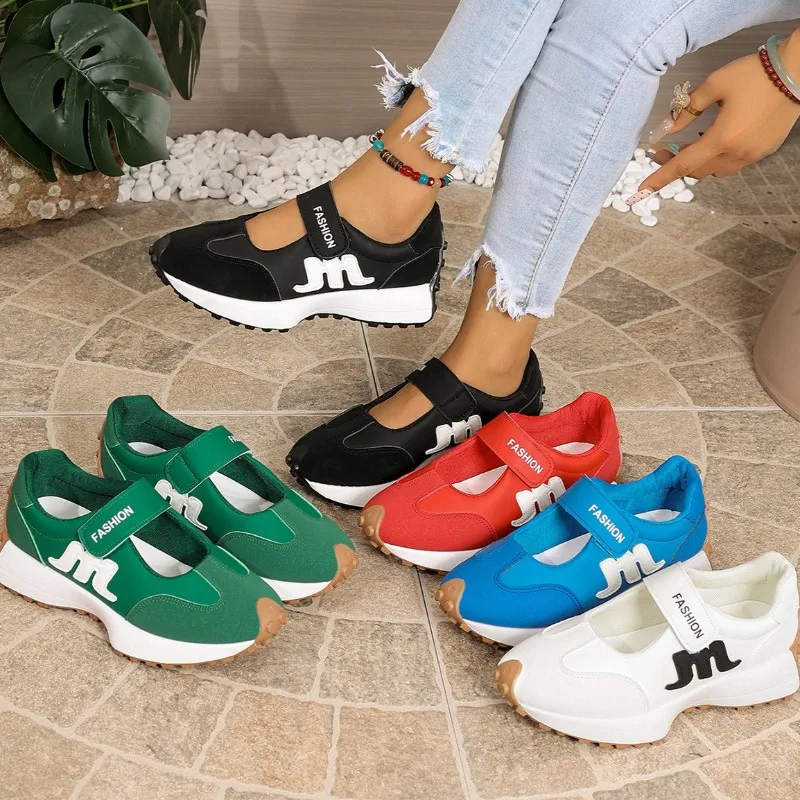 Zapatos de Tacón Medio Vintage Cómodos para Mujer, Primavera y Otoño, Zapatos Casuales de Moda con Velcro Antideslizantes de Punta Baja