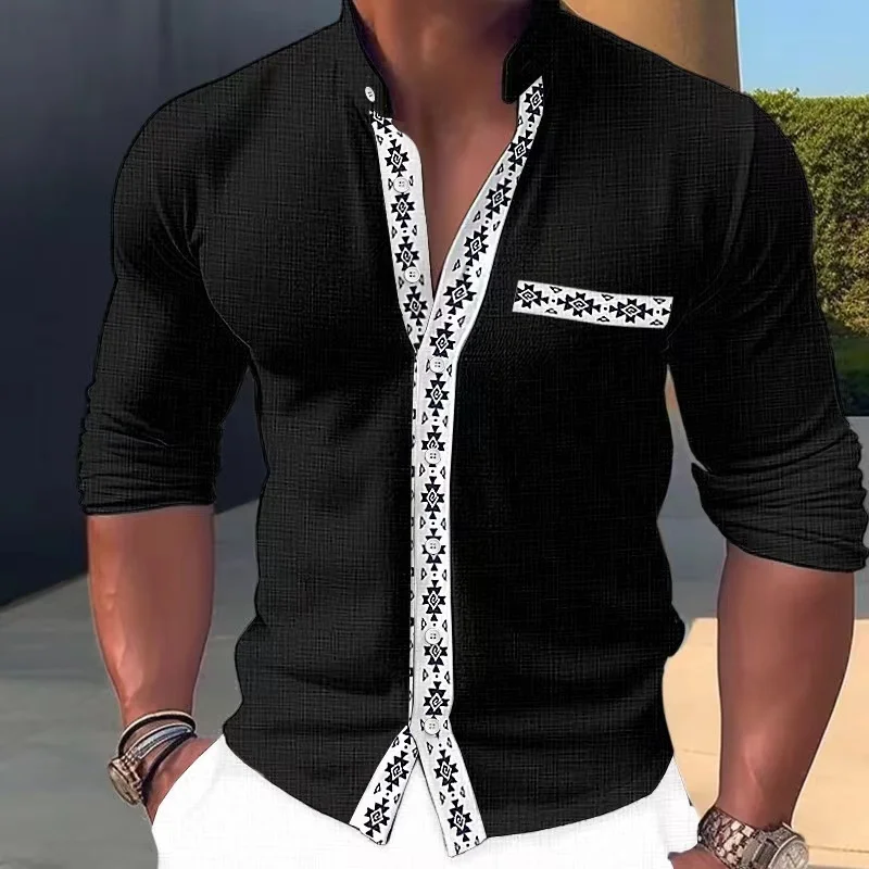 Camisa de color de contraste de moda para hombres, cuello levantado, camisa delgada con botones, top versátil de manga larga para oficina de