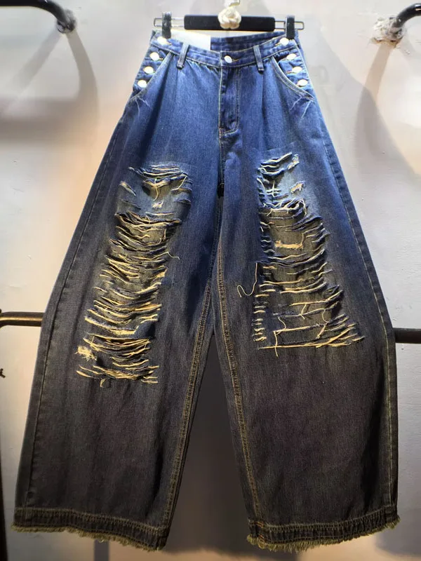Celana Jeans Wanita Model Lurus Kaki Lebar High Waist, Bahan Faux Brushed Ripped, Musim Gugur 2025