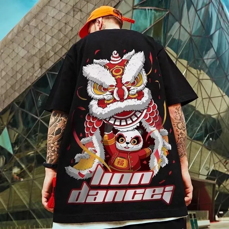 Oversized Round Neck T-shirt Size M-5xl Korean Version Men's Casual Short Sleeve T-shirt Popular Style Panda Lion Dance Printed