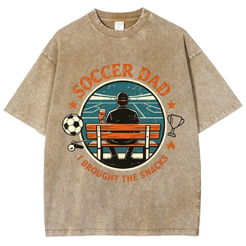 Men T‑Shirt Washed Vintage Soccer Dad Graphic Tees I Brought The Snacks Quote Print Casual Oversized Short Sleeve Tops