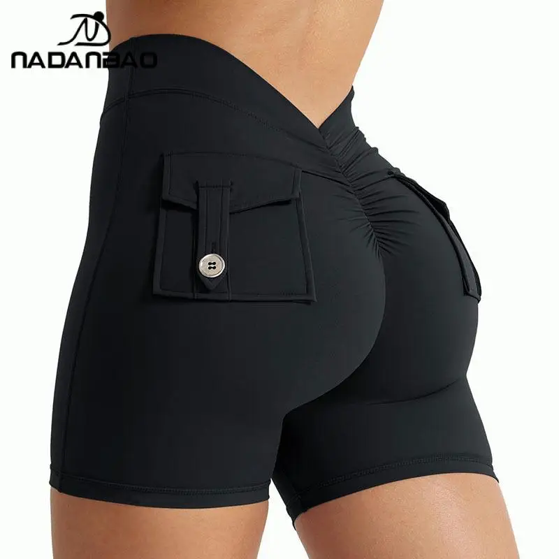 

Спортивные шорты Naadanbao с высокой талией для женщин, дышащие, в стиле рабочей одежды, мягкие облегающие брюки для йоги, модные брюки с V-образным поясом и карманами
