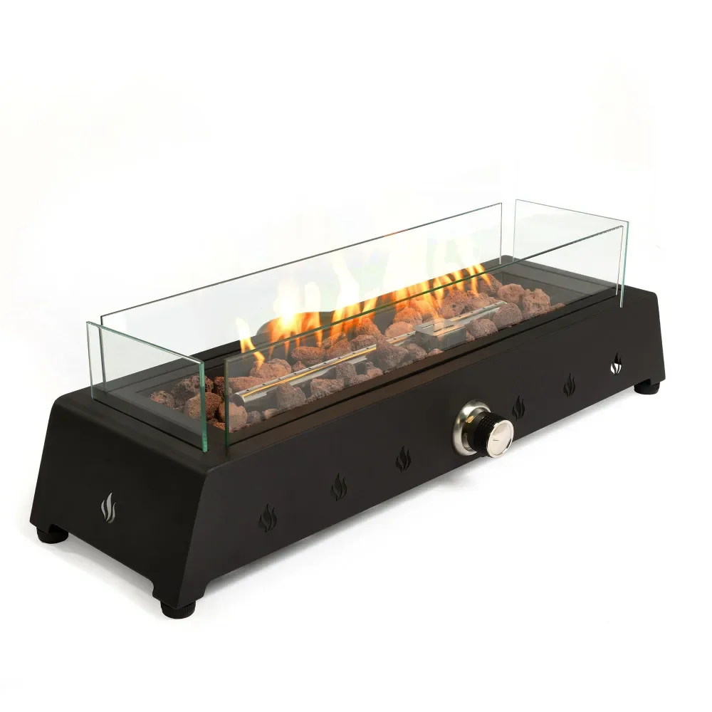 28 inch Tabletop Fire Pit, Propane Gas Fire Pit with Quick Connect Joint, Glass Wind Guard and Lava Rock