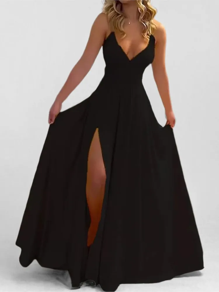 Fashion Long V-neck Dress Backless Women's Sleeveless Spaghetti Strap High Waist Vest Holiday Party Robe Date Shopping Vestidos