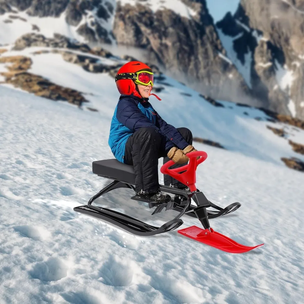 Snow Racer Sled Winter Sport Ski Sled Slider Board with Steering Wheel Brakes Durable Steel Frame for Kids Teenagers