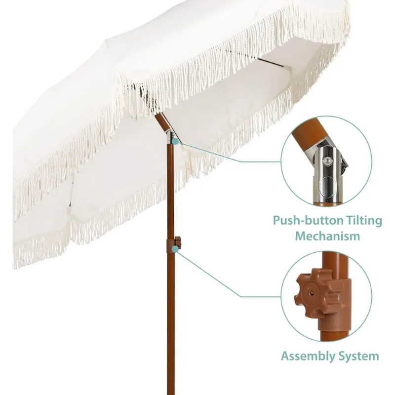 #7FT Outdoor Patio Umbrella with Fringe Tassel UPF50+ Sun Protection Push Button Tilt Cream White Steel Pole
