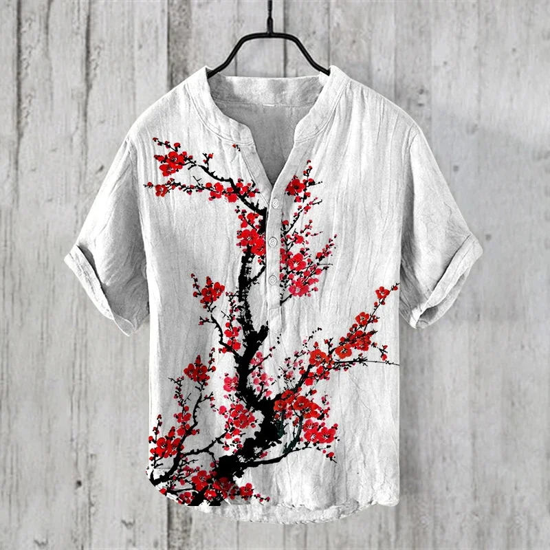 Cross-border stand-up collar new 3D digital plum blossom shirt landscape pattern men's stand-up collar 100% linen V-neck short-s