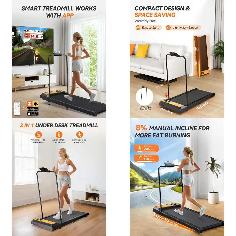 

Compact 2.5 HP Quiet Treadmill with Incline, Handlebar, and Remote for Home Use