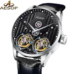 Aesop Original Men Double Skeleton Tourbillon Wristwatch Casual Mechanical Movement SS316 Steel Case Sapphire Crystal Male Hour