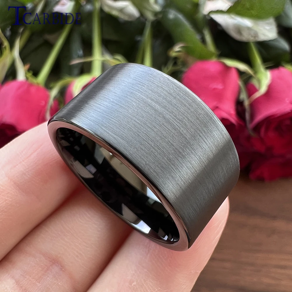 12MM Big Men Black Tungsten Carbide Finger Ring Flat Band Brush Finish Wedding Gift Jewelry Comfort Fit