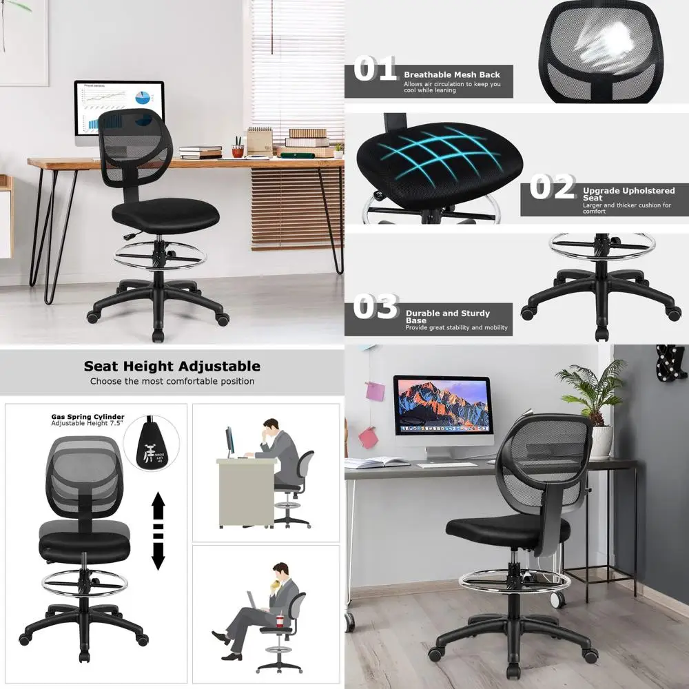 

Ergonomic Adjustable Height Office Chair with Mesh Backrest, Soft Cushion, and Footrest Ring for Home and Drafting Use