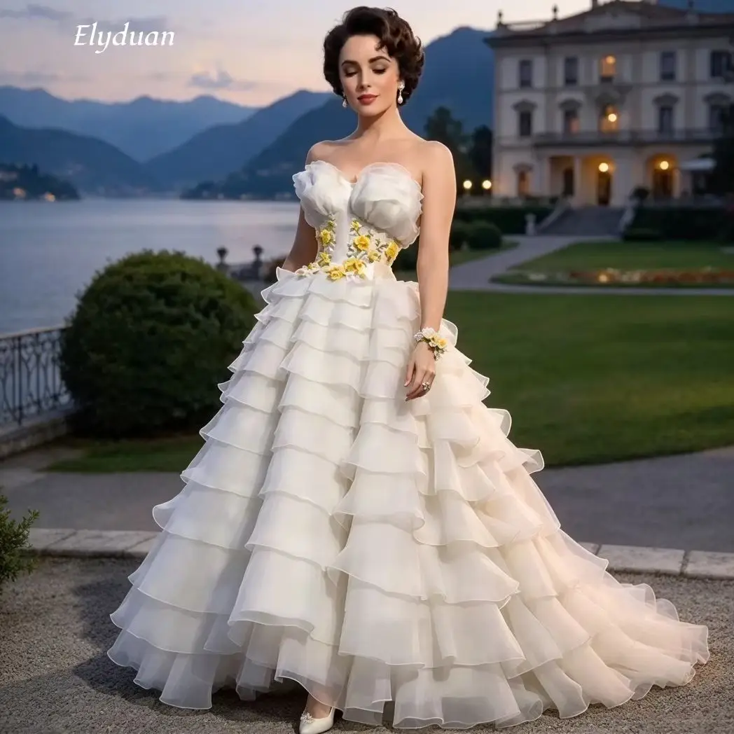 Strapless Yellow Floral Appliqué Wedding Dress Tiered Ruffle Organza Ball Gown Vintage Bridal Gowns Customized