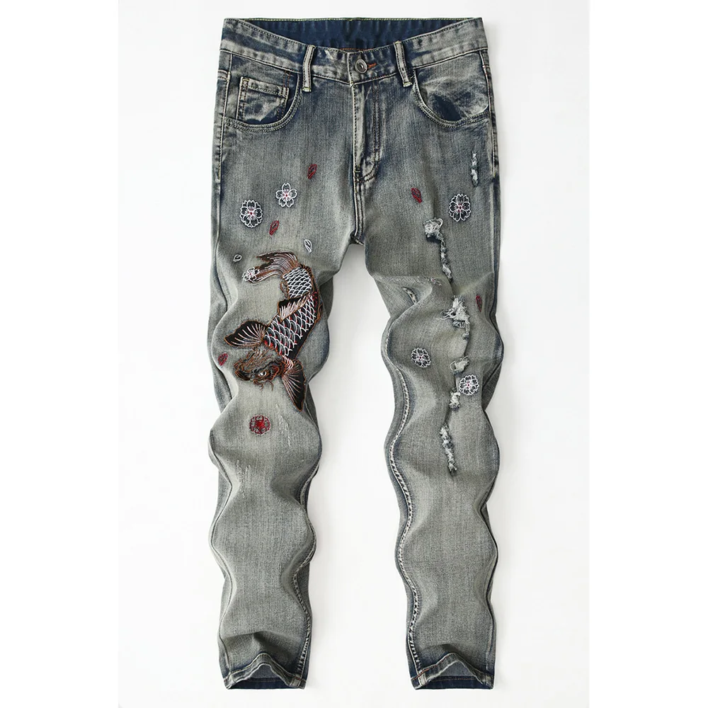 

Мужские джинсы с вышивкой карпа и рыбы, модные эластичные джинсовые брюки, рваные узкие прямые брюки с дырками
