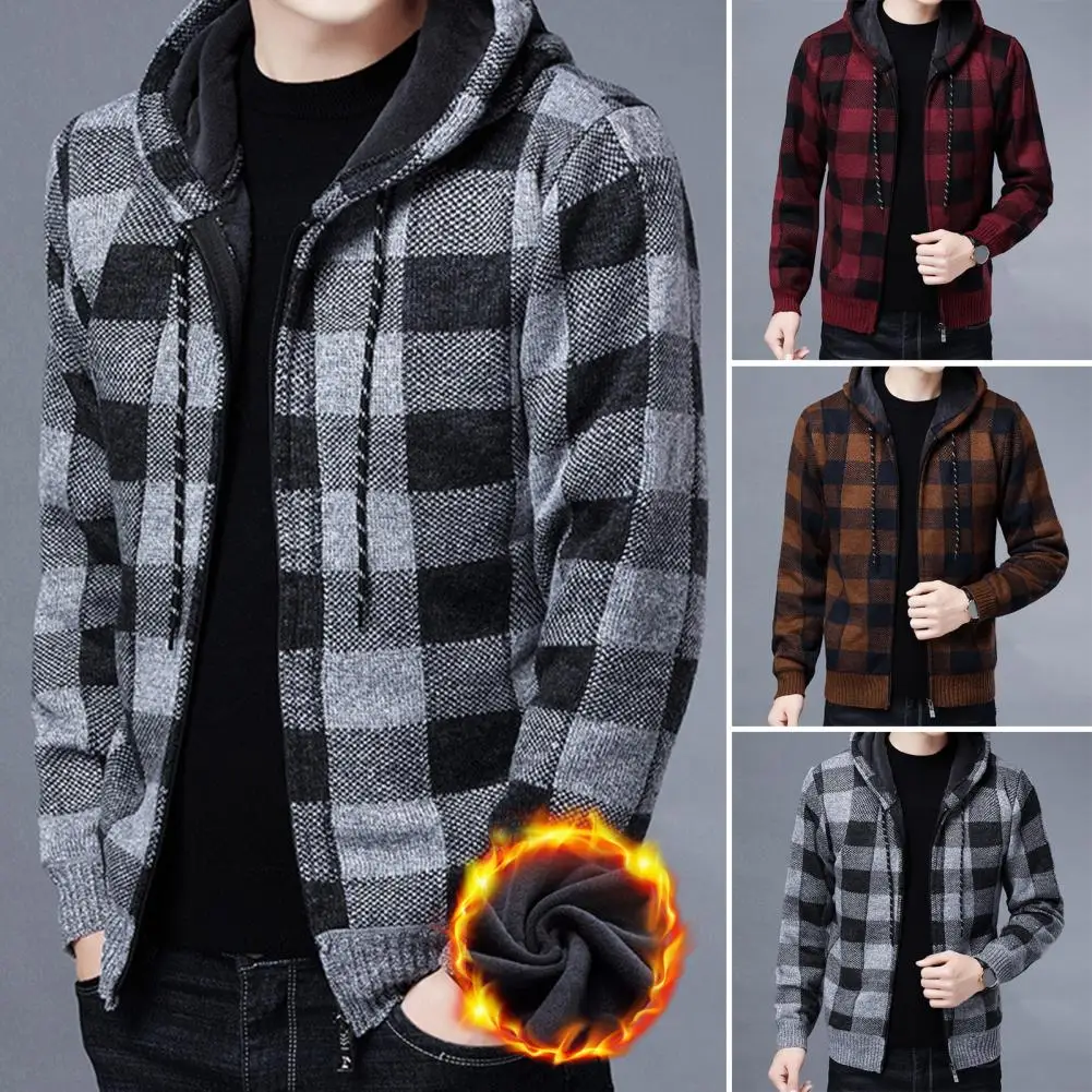 Men's New Winter Plaid Sweater Hooded Cardigan Cold Coat Zipper Jacket Autumn Warm Clothes Checkered Knit Thickened Closure Coat