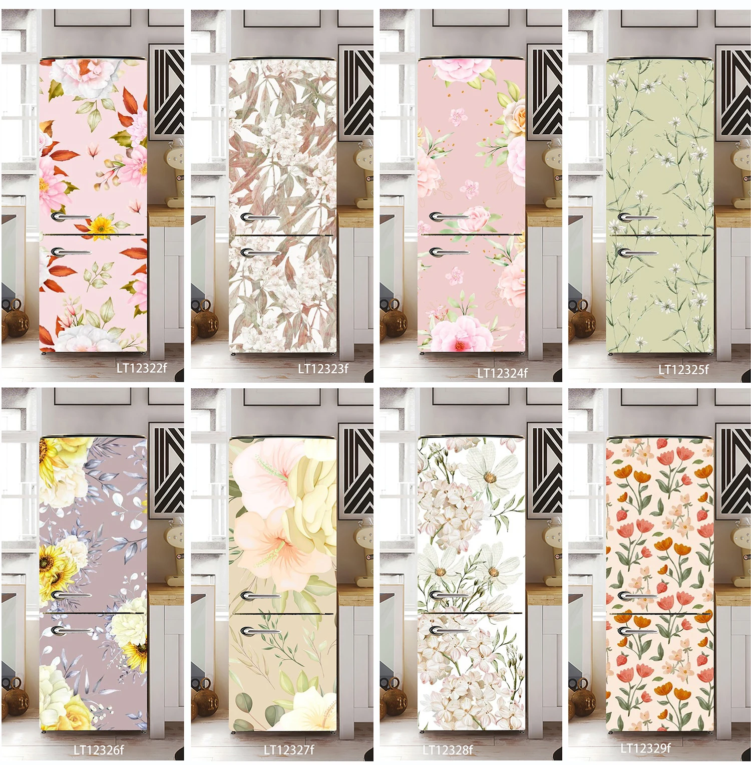 Vintage Sketch Style Dried White Blossom Fridge Sticker,Brown Tone Floral Waterproof Peelable Refrigerator Wrap Decal
