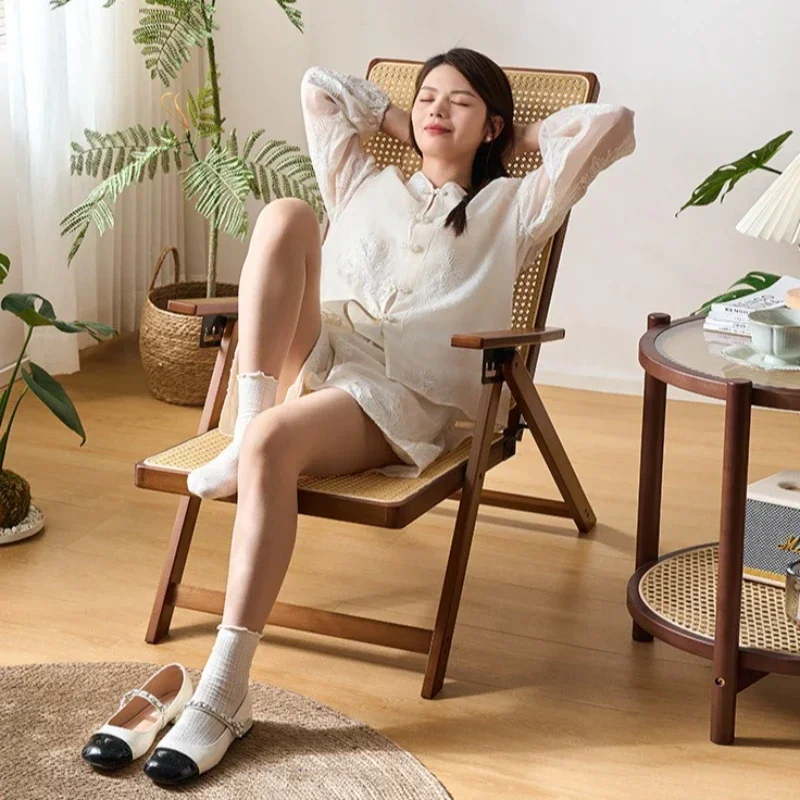 Rattan bamboo recliner folding lunch break can sit and lie down outdoor rattan chair for the elderly strong and durable balcony