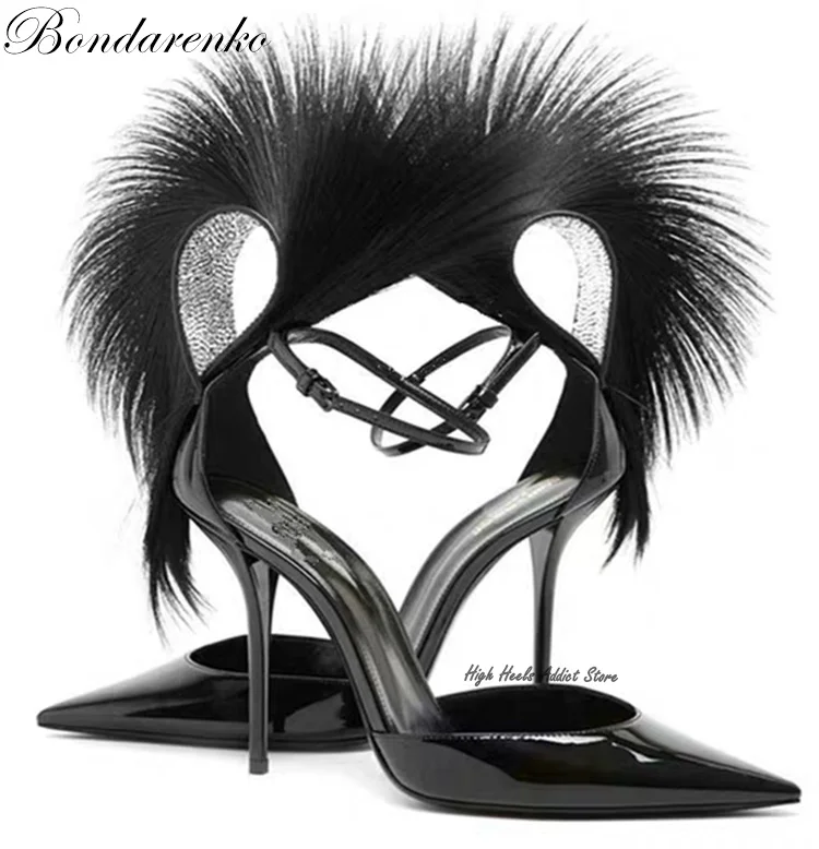 Décolleté da donna in pelle di piume nere cuore a punta tacchi a spillo con spalline tacchi alti donna Sexy elegante partito scarpe firmate di lusso