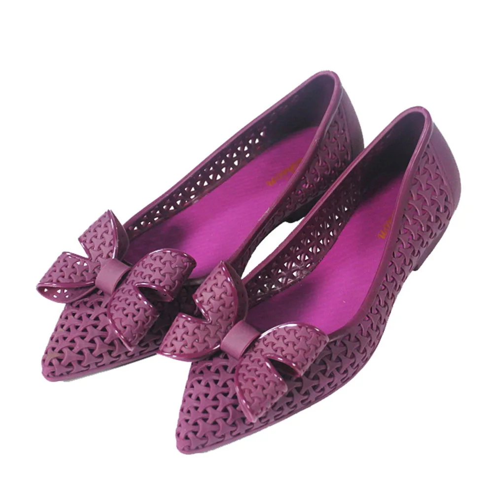 1 paar Spitz Frauen Schuhe Lila Größe 37 Aushöhlen Bowknot Flache Ferse Wasserdicht Casual Strand Sandalen Frauen Schuhe