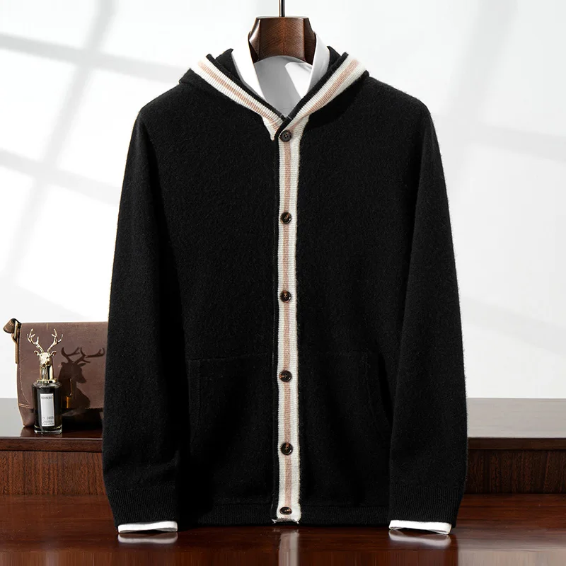 

Высококачественный свитер из 100% кашемира с цветными блоками, мужской кардиган с капюшоном, толстая вязаная куртка на пуговицах, универсальная с карманами