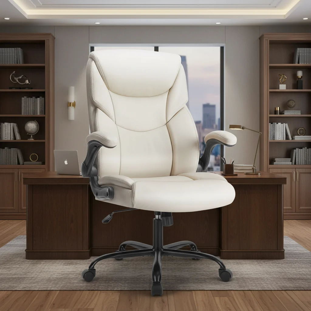 كرسي مكتب تنفيذي مريح من جلد البولي يوريثان، كرسي مكتب كمبيوتر دوار مع دعم قطني، أذرع قابلة للطي قابلة للتعديل، أبيض