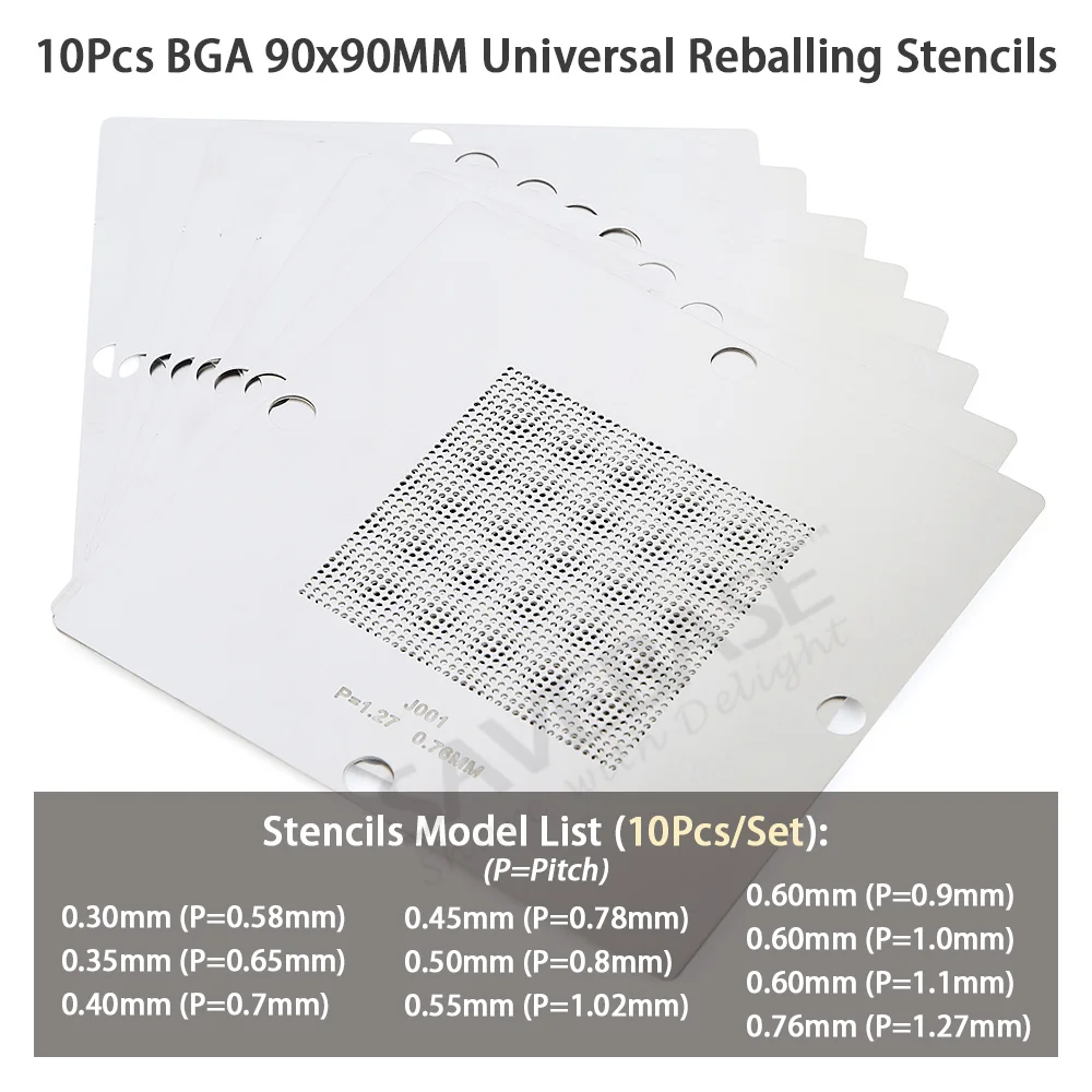 

10Pcs/Set 90x90mm BGA Universal Stencils Kit Soldering Repair Reballing Tool for 0.3 0.35 0.4 0.45 0.5 0.55 0.6 0.76mm Ball