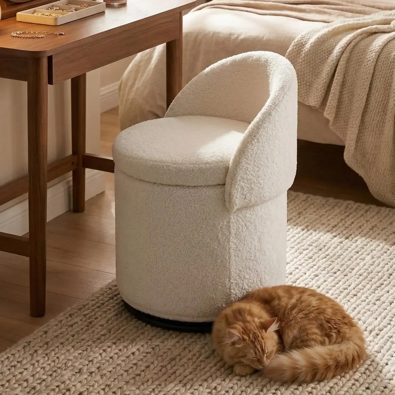 Modern Swivel Ottoman Vanity Chair Sherpa Upholstered Barrel Club Chairs 360 Degree Swivel Side Chair Storage Comfy Makeup Stool