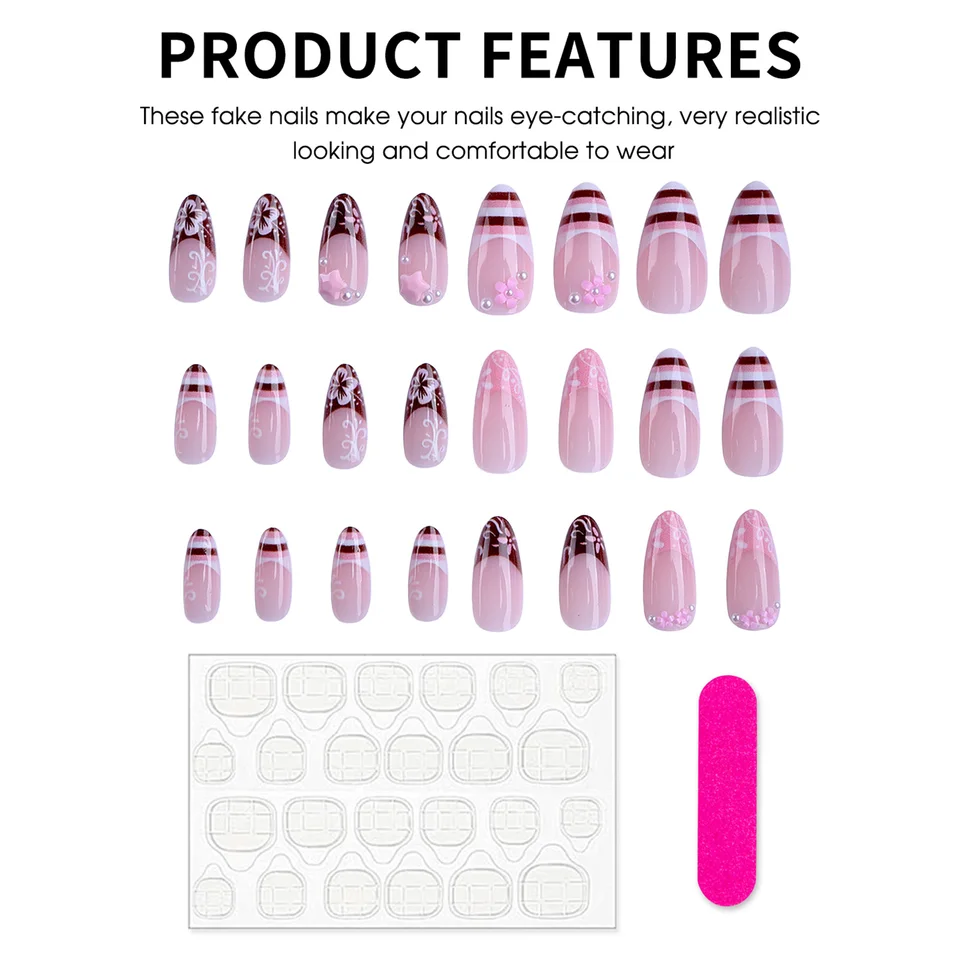 24 piezas uñas postizas dulces de primavera con flores rosas, estrellas y perlas, estilo francés almendra 5