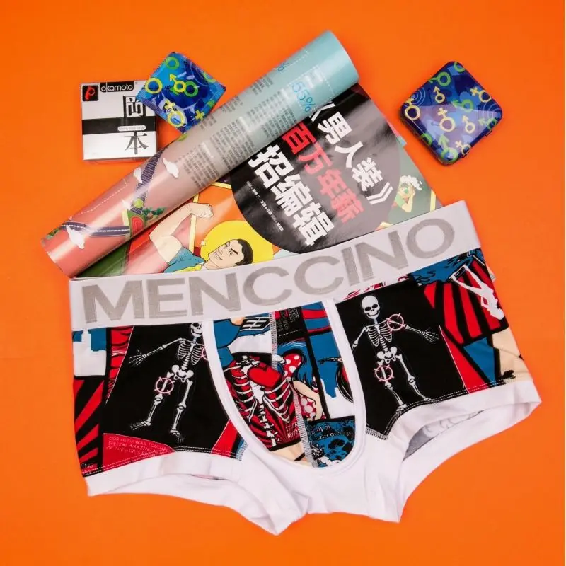 Men\'s Fashion Trunks Youth Cute Cartoon Printed Bulge Pouch Boxer Shorts Skin Friendly Cotton Breathable Man Low Waisted Panties