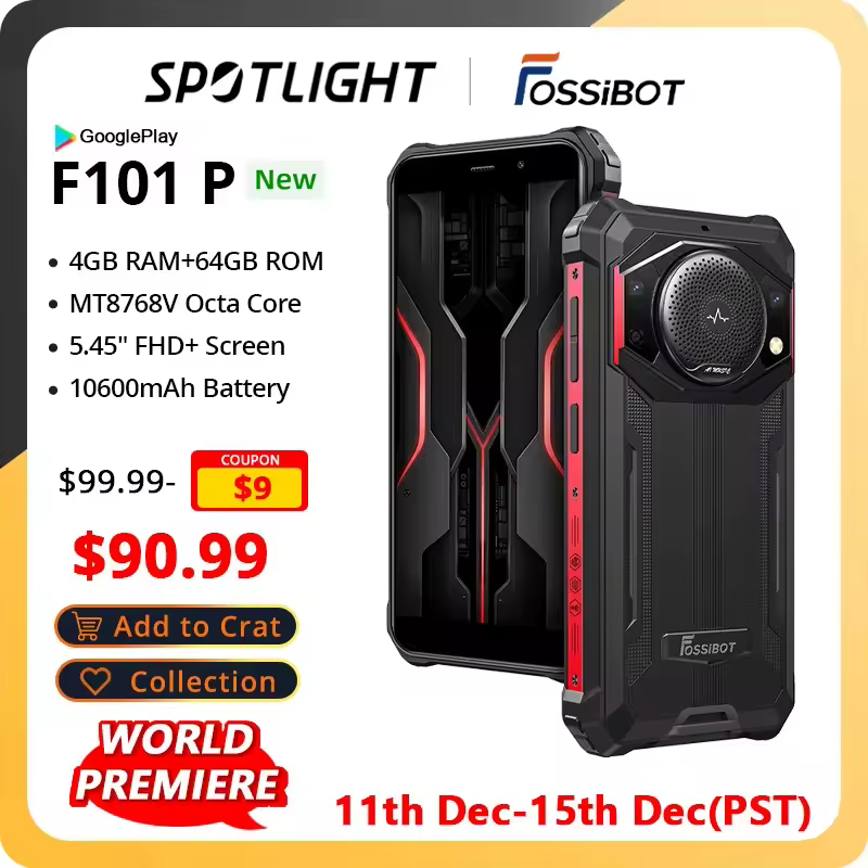 FOSSiBOT F101 P — защищенный смартфон с восьмиядерным процессором, батареей 10600 мАч, 4 ГБ оперативной памяти и 64 ГБ встроенной памяти, 24-мегапиксельной камерой, 5,45-дюймовым HD-экраном и защитой от воды по стандарту IP68.