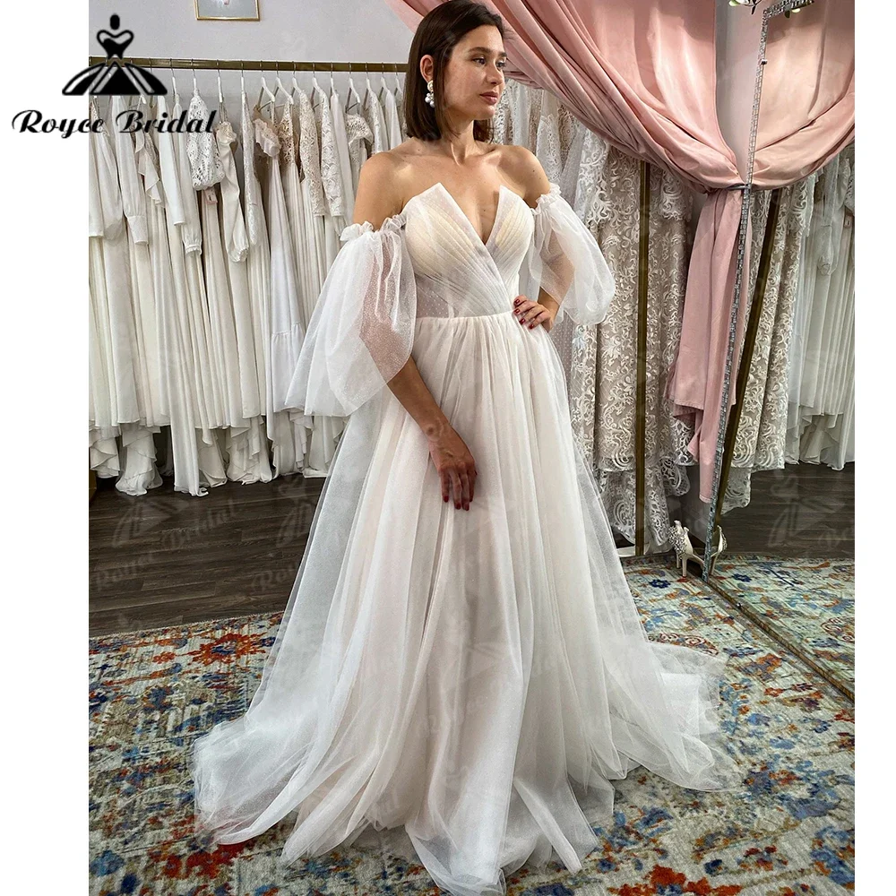 Vestido de novia de tul con cuello en V, vestido de novia con mangas, vestido de novia sencillo y elegante, vestido de novia a medida