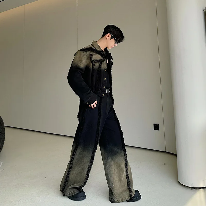Korean High Street Gradient Jeans Baggy Pants Fashion Denim Jacket and Wide Leg Pants Set Y2k Men Clothing Japan Streetwear