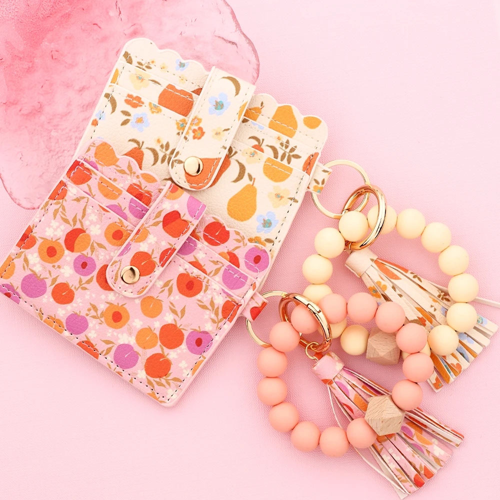 2025 Silicone Bead Bracelet Ocean Print Leather Card Bag Wristlet Keychain Mushroom Fruit Leather Wallet Bangle view 5