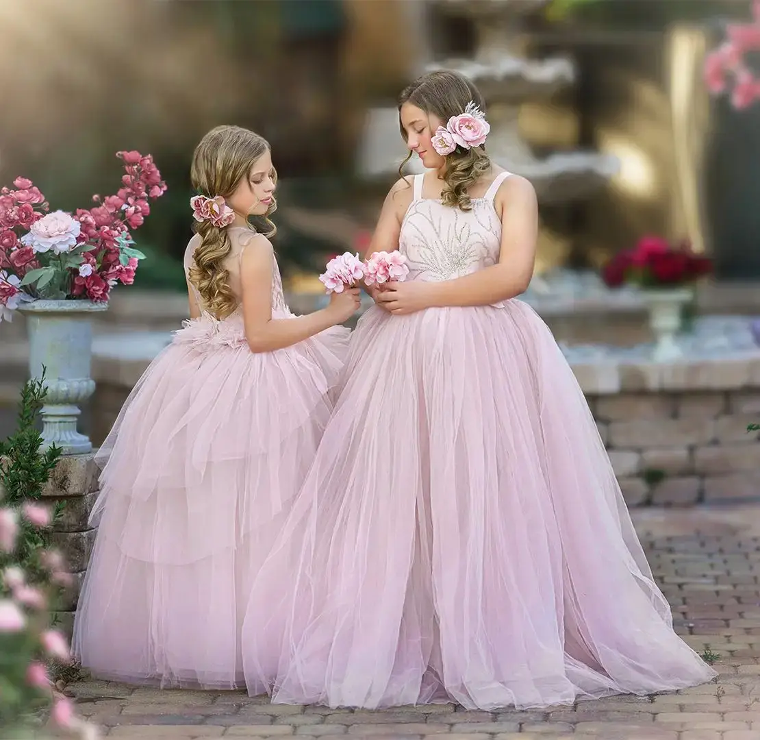 Lovely Pink Flower Girl Dresse Sequins Patterns Kid Birthday Party Gown Floor Length Children Toddler Baby Wedding Guest Dresses