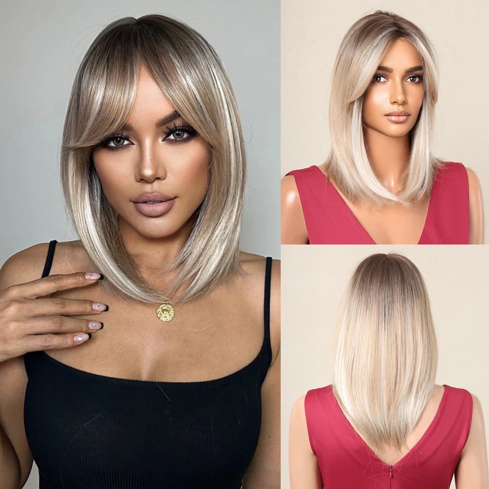 HENRY MARGU Blonde Ombre Wigs Platinum Short Bob Synthetic Wigs with Bangs Cosplay Wigs Women Christmas Use Wig High Temperature