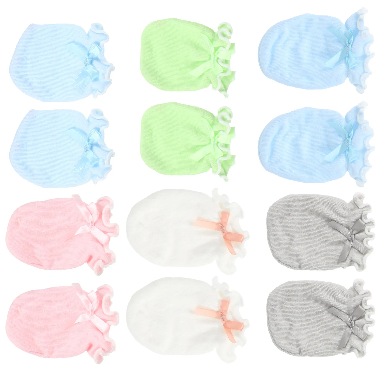 

6Pairs Baby Anti-Scratch Mittens Newborn Warm Protective Gloves Soft Elastic Comfortable Pure Color Bowknot Decor Infant