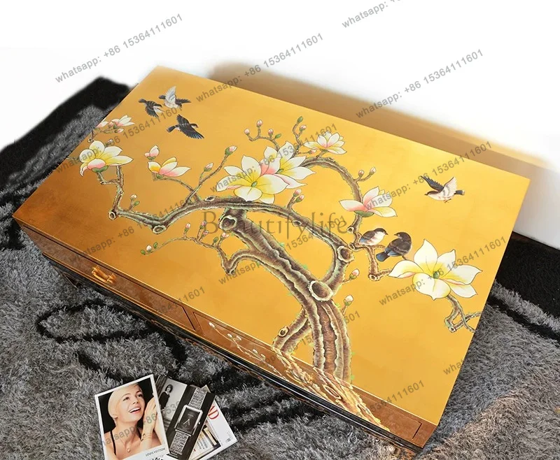 New Chinese-style customizable hand-painted lotus rectangular tea table golden four-bucket drawer