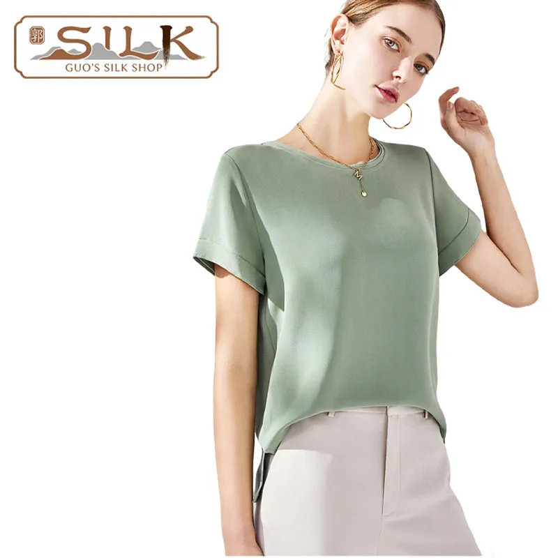 100% Natural Silk Women's T-Shirt Short Sleeve Round Neck Hooded Top Spring/Summer Outdoor Casual Fashion Shirt Comfortable Cool