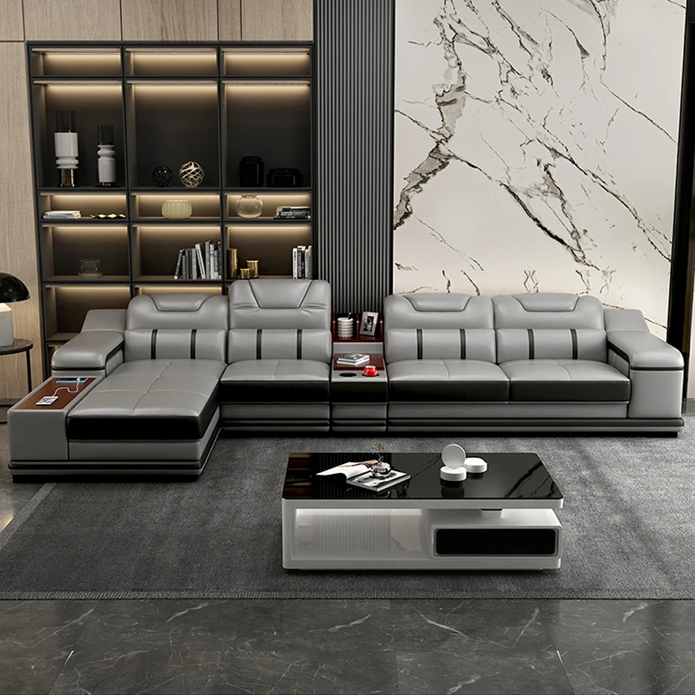 L-Shaped Modern Sectional Sofa Set with Chaise, Genuine Leather Reclining Couch with USB Charging Ports & Cup Holders, Couch Set