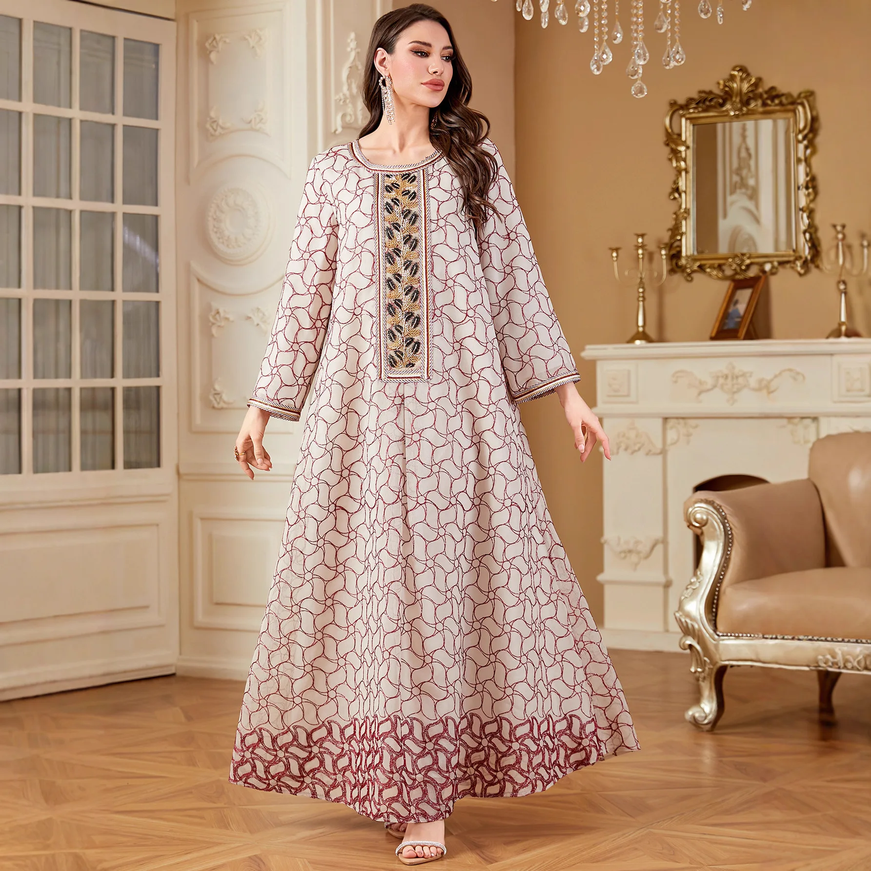 

Новое модное женское элегантное повседневное трендовое роскошное свободное платье с круглым вырезом и длинными рукавами в арабском стиле для женщин Ближнего Востока, абайя, джалабия