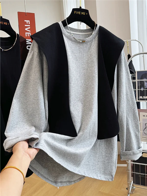 

Высококачественная толстовка большого размера Long Sve Футболка Искусственный свитшот из двух предметов Корейский Sle Весна Осень ex Дышащая повседневная...