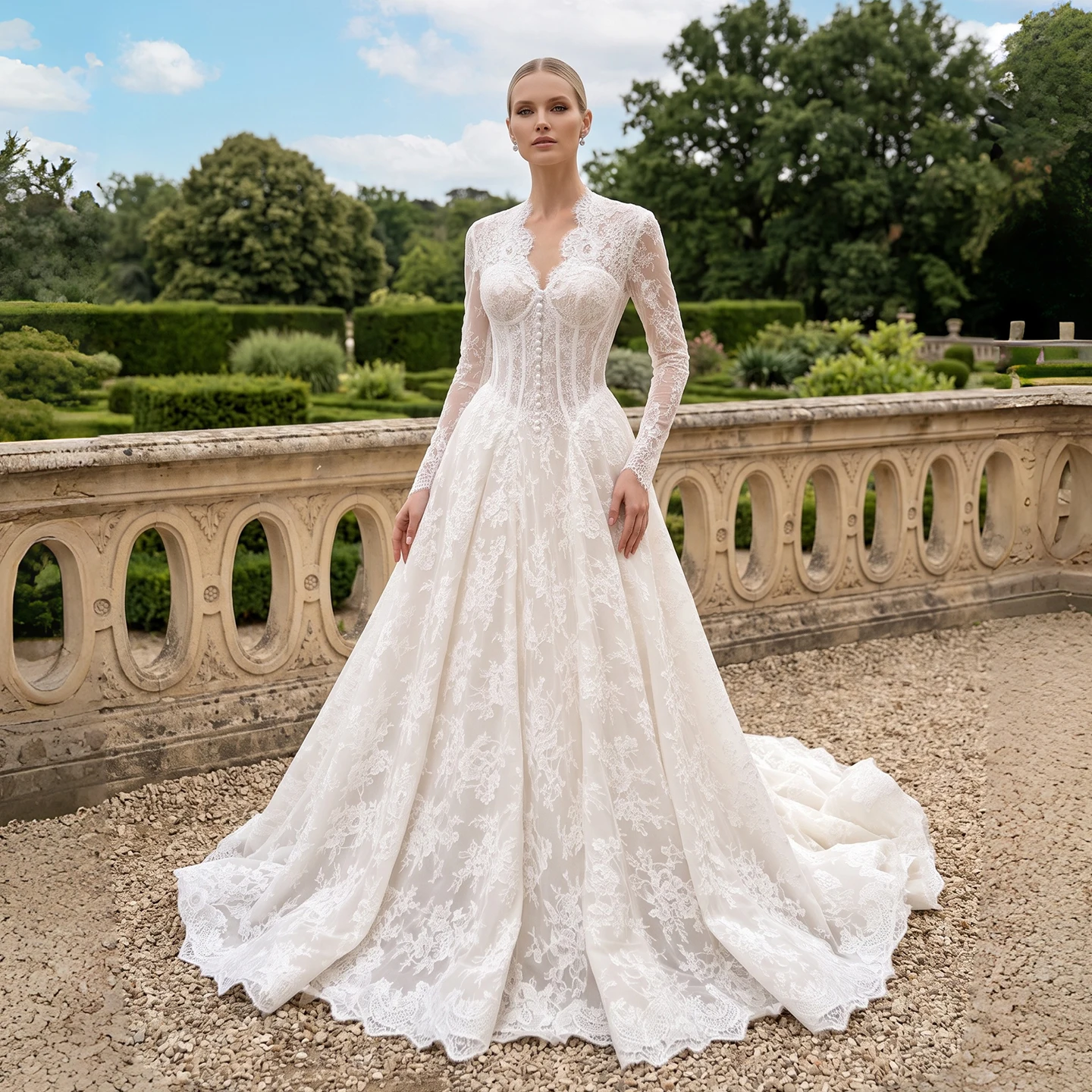 Sharon Said Elegant Off White Lace Ball Gown Wedding Dress V Neck Long Sleeve Corset Beaded Applique Bridal Gowns SW693 Custom