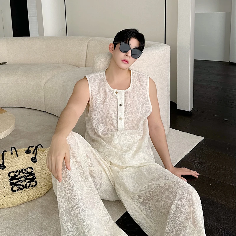 

Летний тонкий хлопковый комплект: топ с вышивкой и широкие брюки, дышащий, на все сезоны, модный.