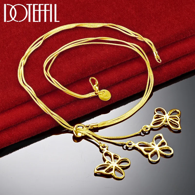 DOTEFFIL 18K Gold Three Snake Chain Butterfly Necklace For Women Wedding Engagement Fashion Jewelry