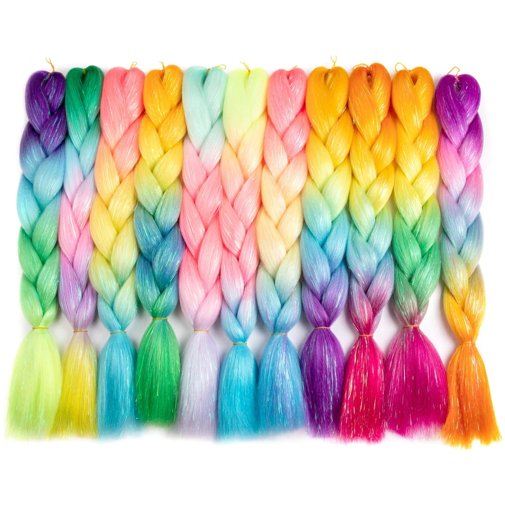 24inch Synthetic Ombre Glitter Jumbo Braids Extensions Sparkle Rainbow Colored Braiding Hair For Women Wholesale DIY Hairstyle